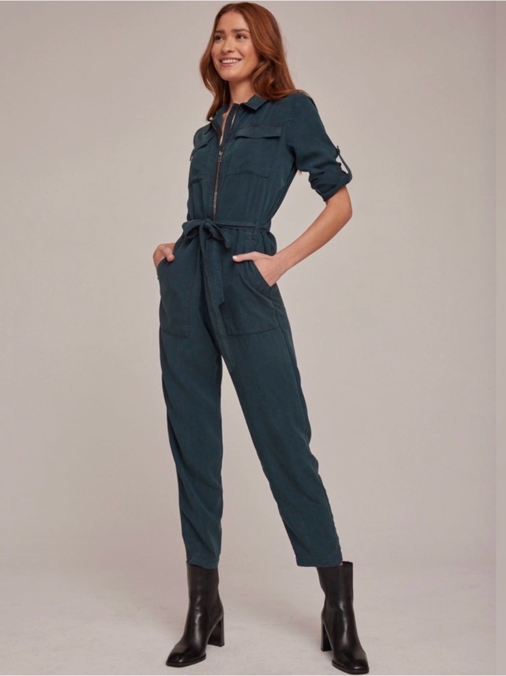 Bella Dahl Long Sleeve Zip Front Jumpsuit in Jade Night teal Sz M cargo utility